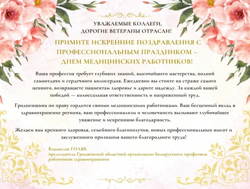 Председатель Гродненского областного профсоюза здравоохранения Владислав Голяк поздравил медиков с профессиональным праздником 
